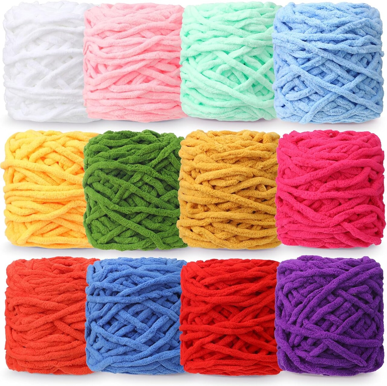 12-Pack Chunky Chenille Yarn – Soft, Thick & Fluffy Velvet Yarn for Crochet, Knitting & DIY Crafts, 3.5 oz / 55 Yards Each, Chic Multicolor Yarn Set